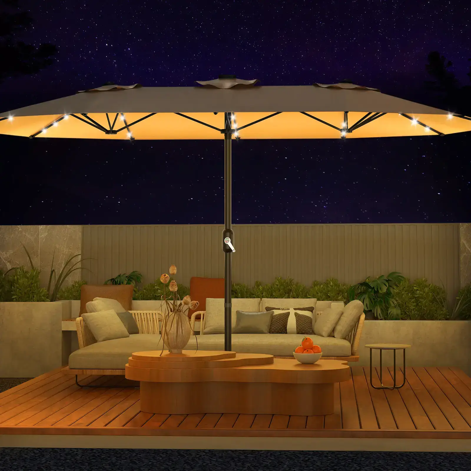 15ft Large Outdoor Patio Umbrella with Base – LED Light Option, Double-Sided, Crank Handle, Waterproof, Comes with Weighted Base and Sandbag, Accommodates 10 People