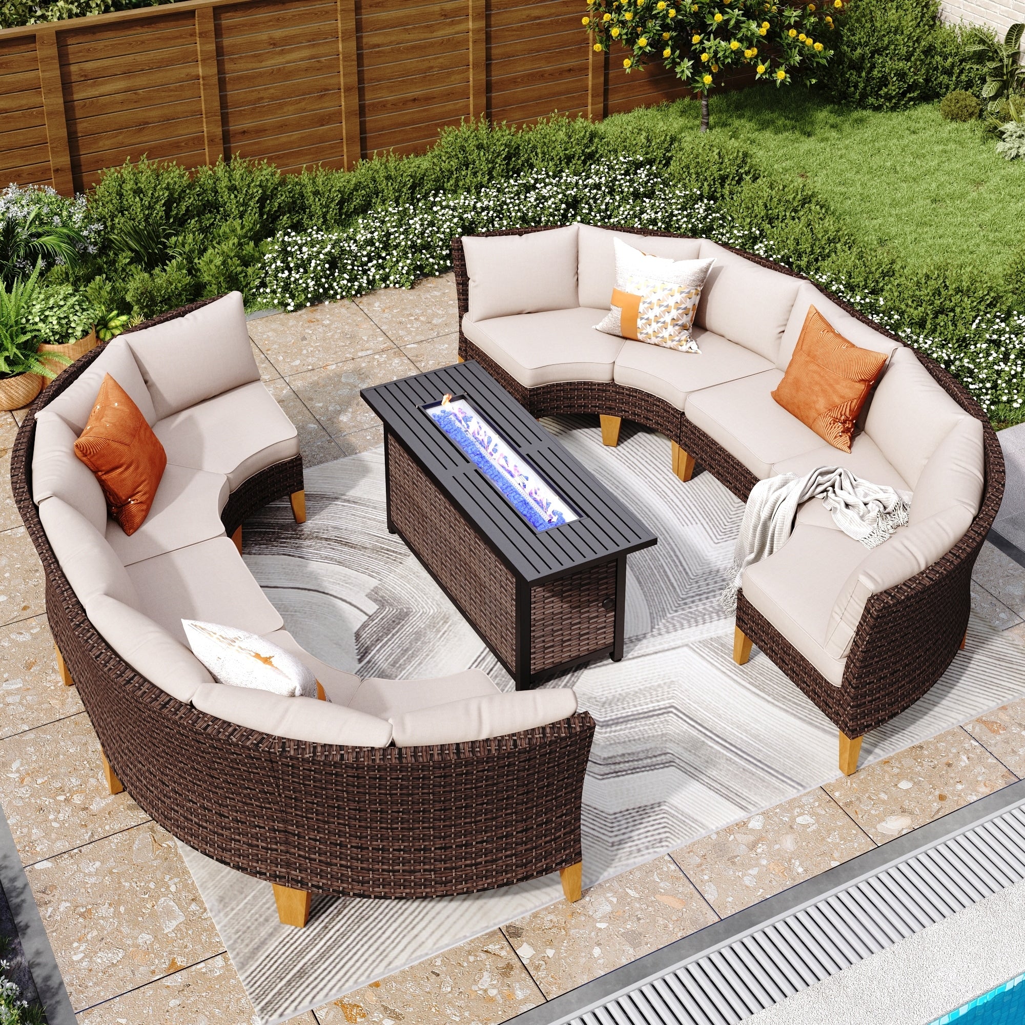 6-11 Piece Patio Outdoor Wicker Sectional Sofa Half-Moon Furniture Set Large Seating Conversation Sets with Fire Pit Table