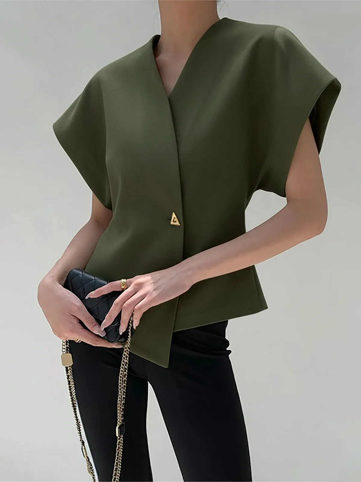 Trendy V-Neck Button Down Blouse
