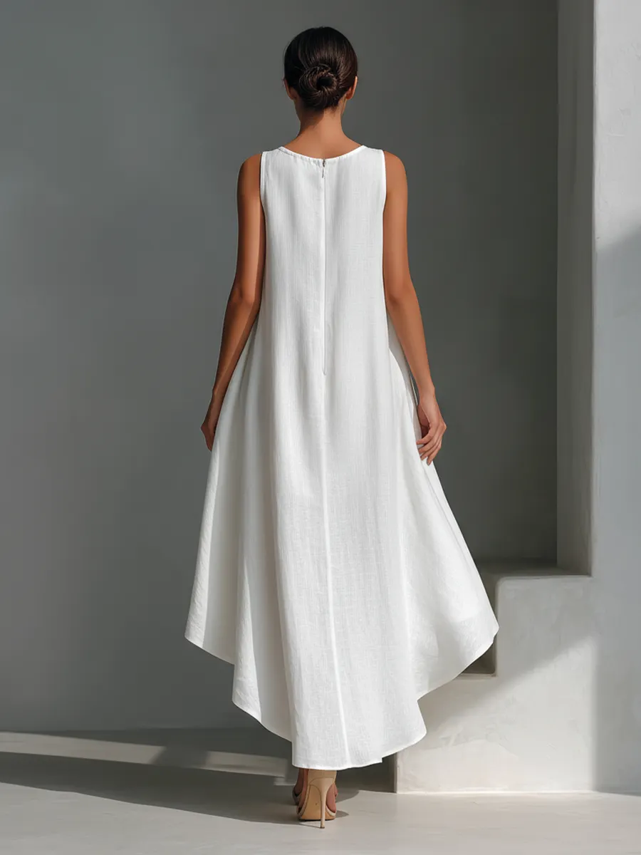 Women's White Linen Fabric Sleeveless Midi Dress With Round Neck