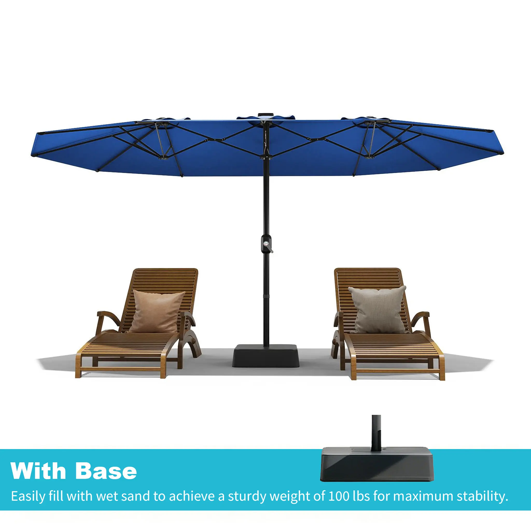 15ft Large Outdoor Patio Umbrella with Base – LED Light Option, Double-Sided, Crank Handle, Waterproof, Comes with Weighted Base and Sandbag, Accommodates 10 People