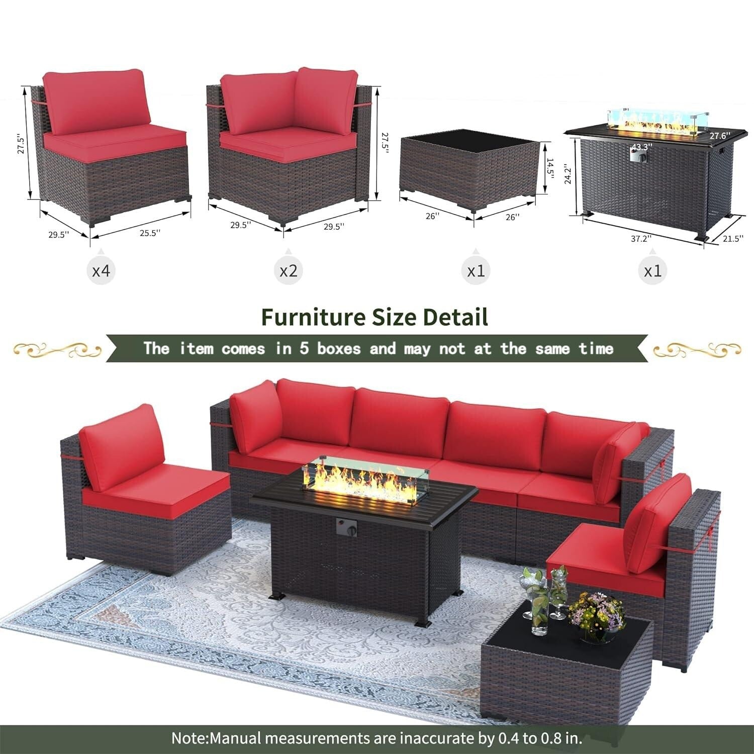 Outdoor Rattan Sectional Sofa Set, Patio Furniture Conversation Set with Fire Pit Table