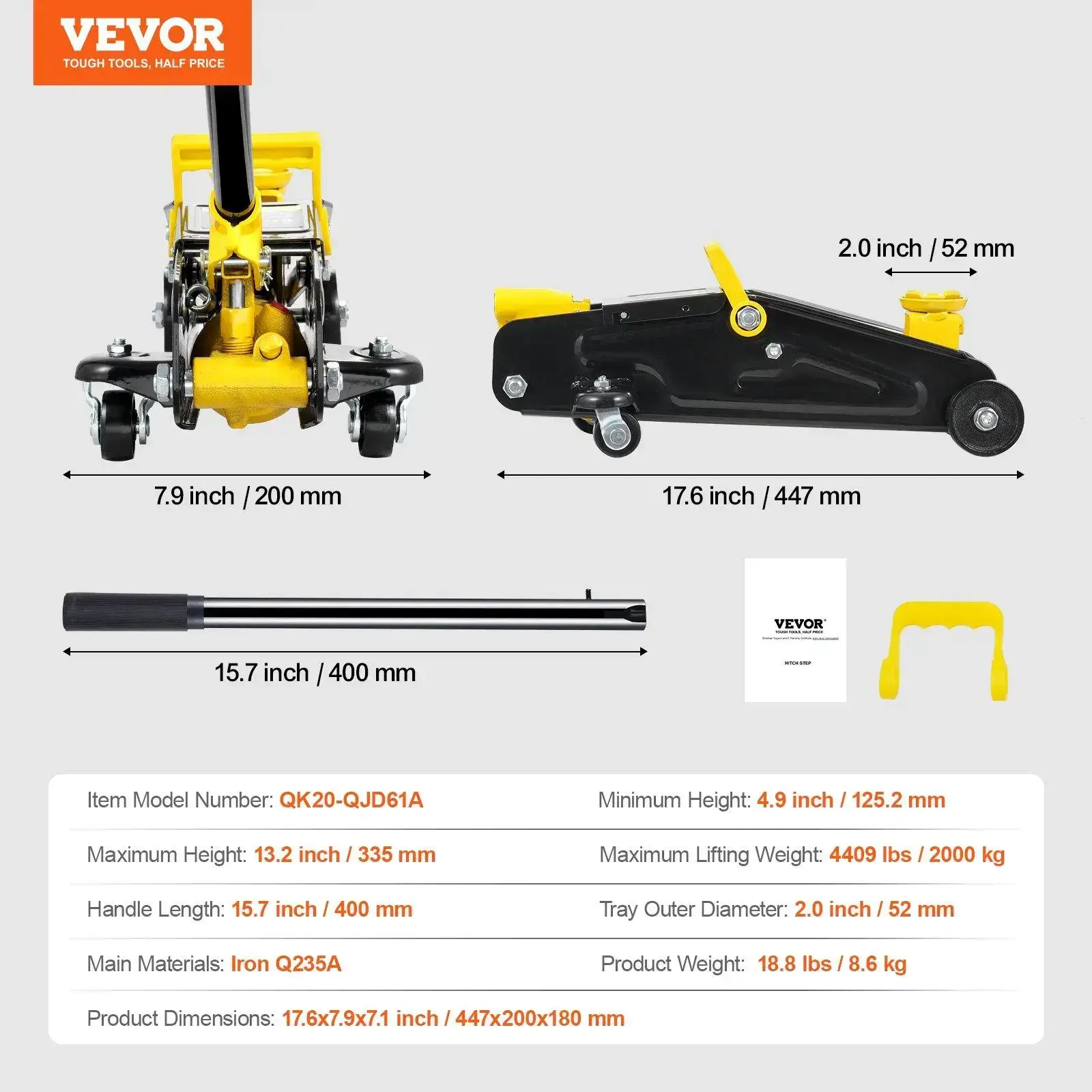 Low Profile Floor Jack 4 Ton Heavy Duty Steel Dual Piston Rapid Pump Portable Car Wheel
