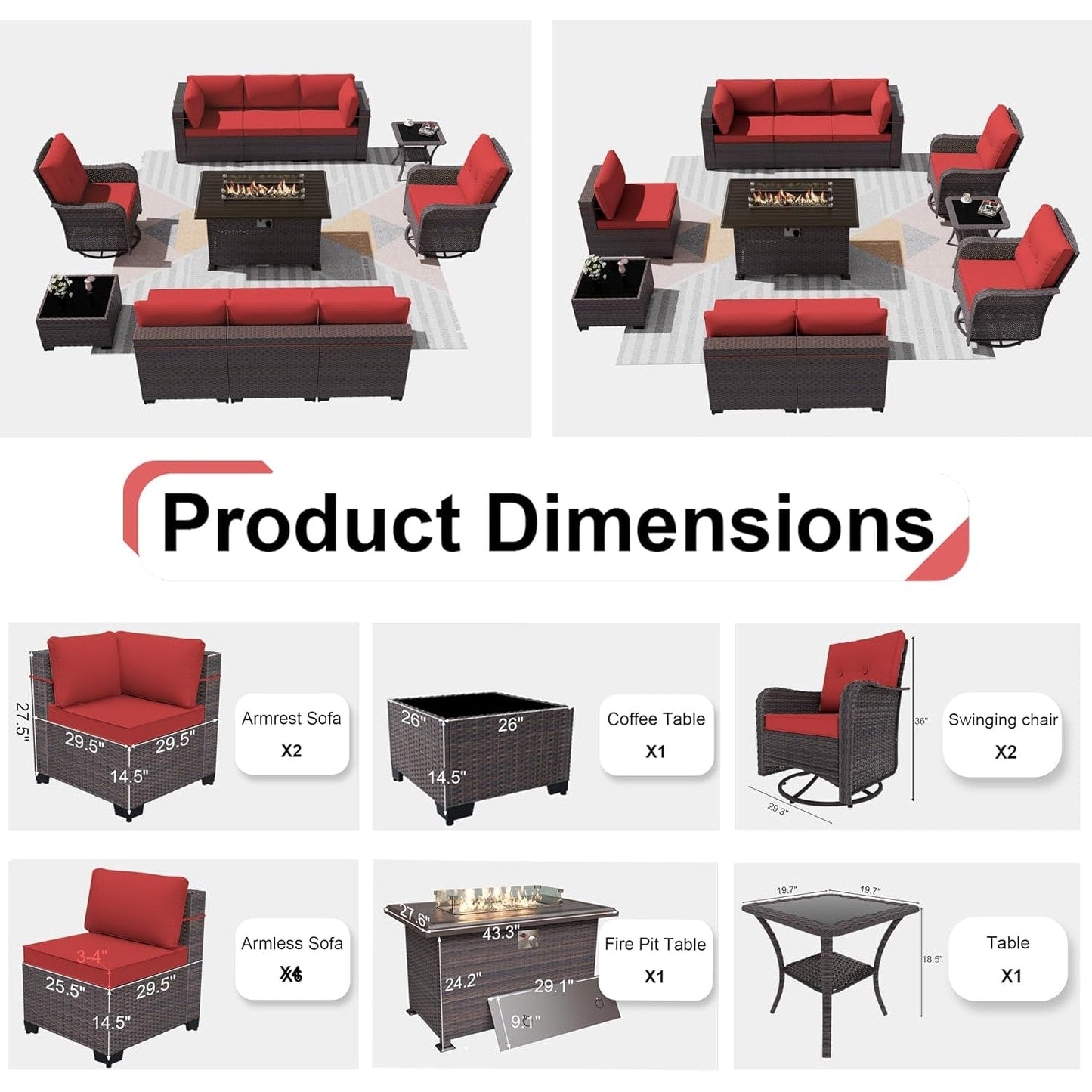 Patio Furniture Sectional Sofa Set, PE Rattan Swivel Rocking Chairs Patio Conversation Set