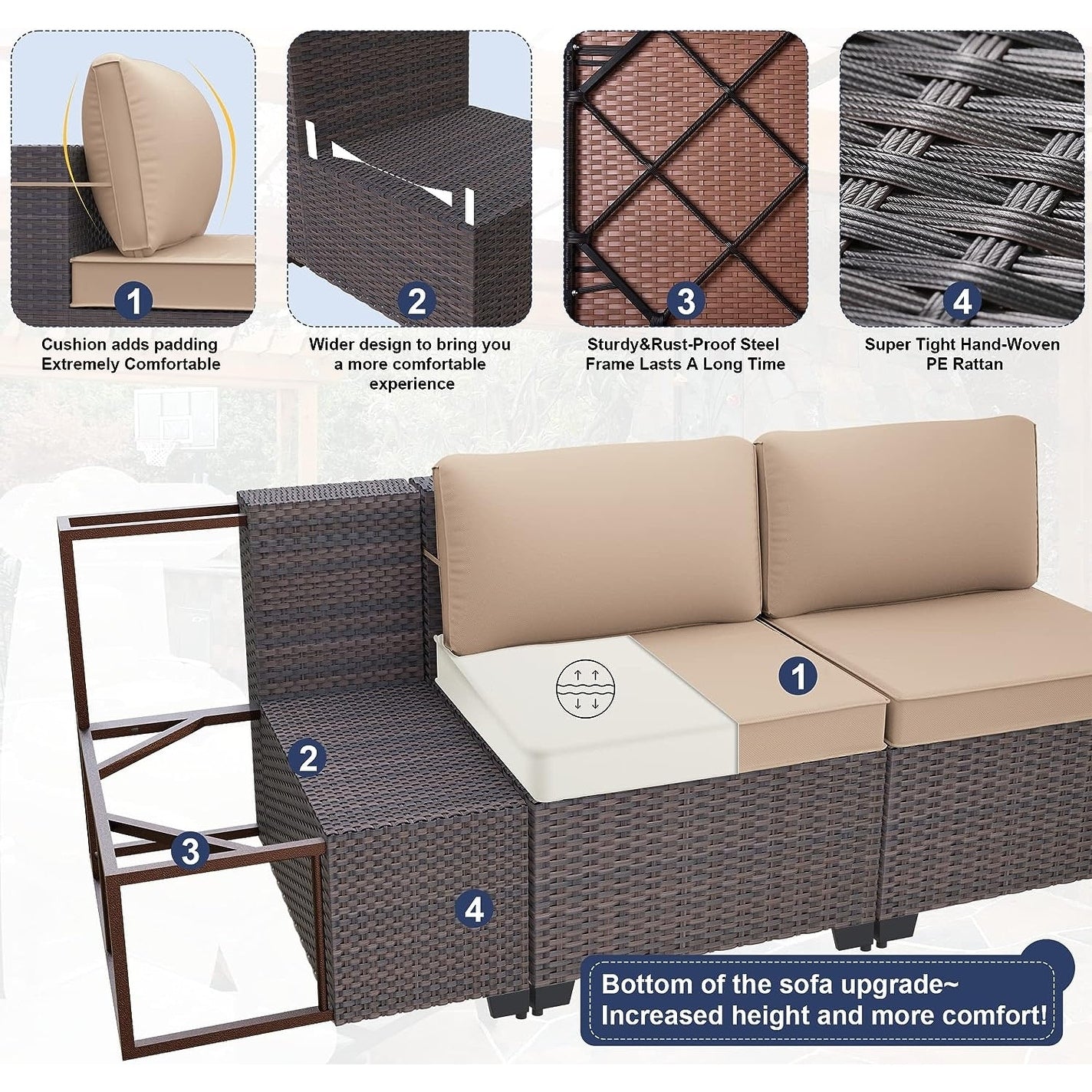 Patio Furniture Sectional Sofa Set, PE Rattan Swivel Rocking Chairs Patio Conversation Set
