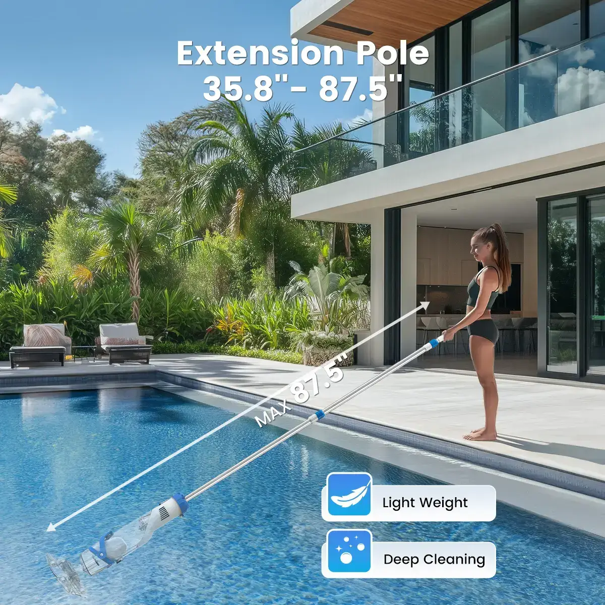 New Upgrade PC18 Pool Vacuum for Above Ground Pool with Telescopic Pole, Running time up to 1H, Handheld Design with Powerful Suction up to 18.5 gallon/min Ideal for Leaves, Debris