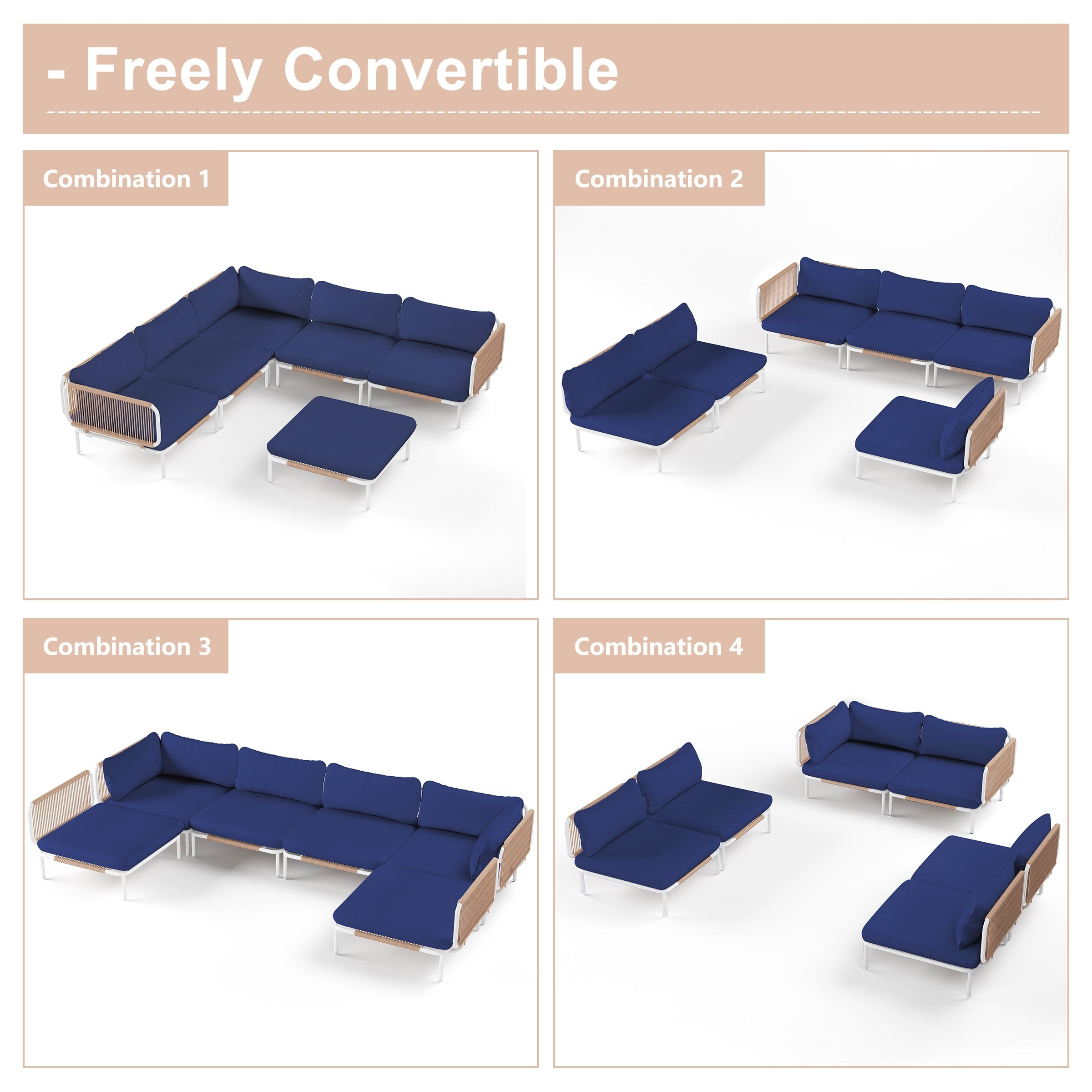 Outdoor Cushioned Sectional Sofa Chat Set Patio Furniture Conversation Set, Free Combination