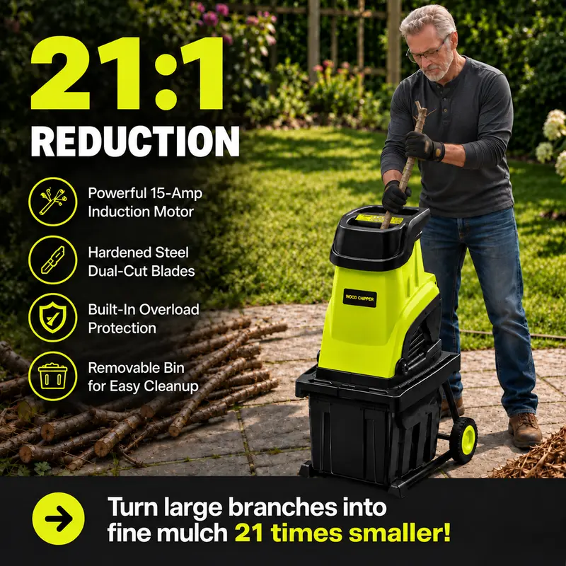 Electric Wood Chipper Shredder, 15-Amp Portable Yard Mulcher
