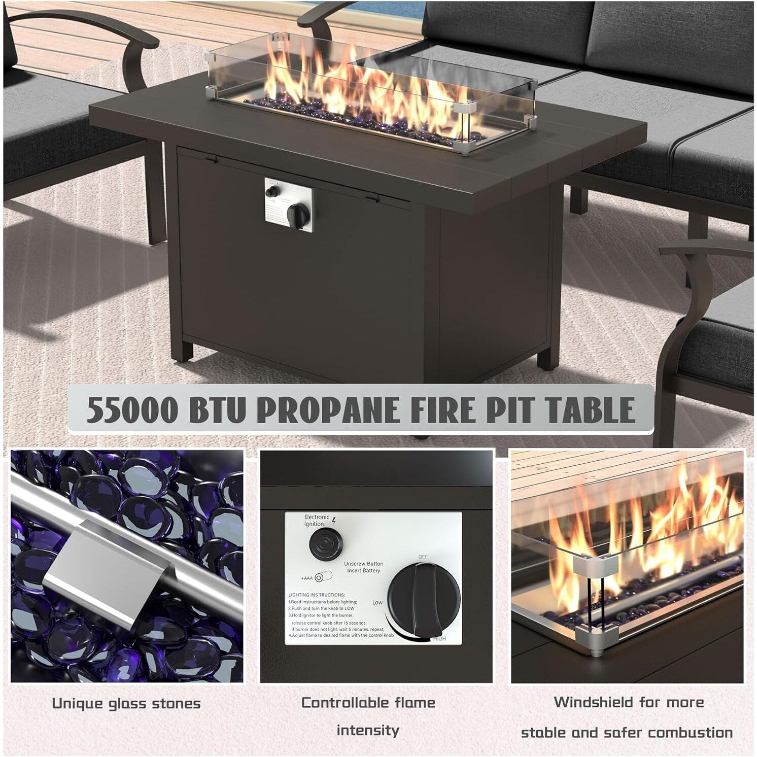 Kullavik Aluminum Outdoor Patio Furniture with Curved Armrests & Firepit Table