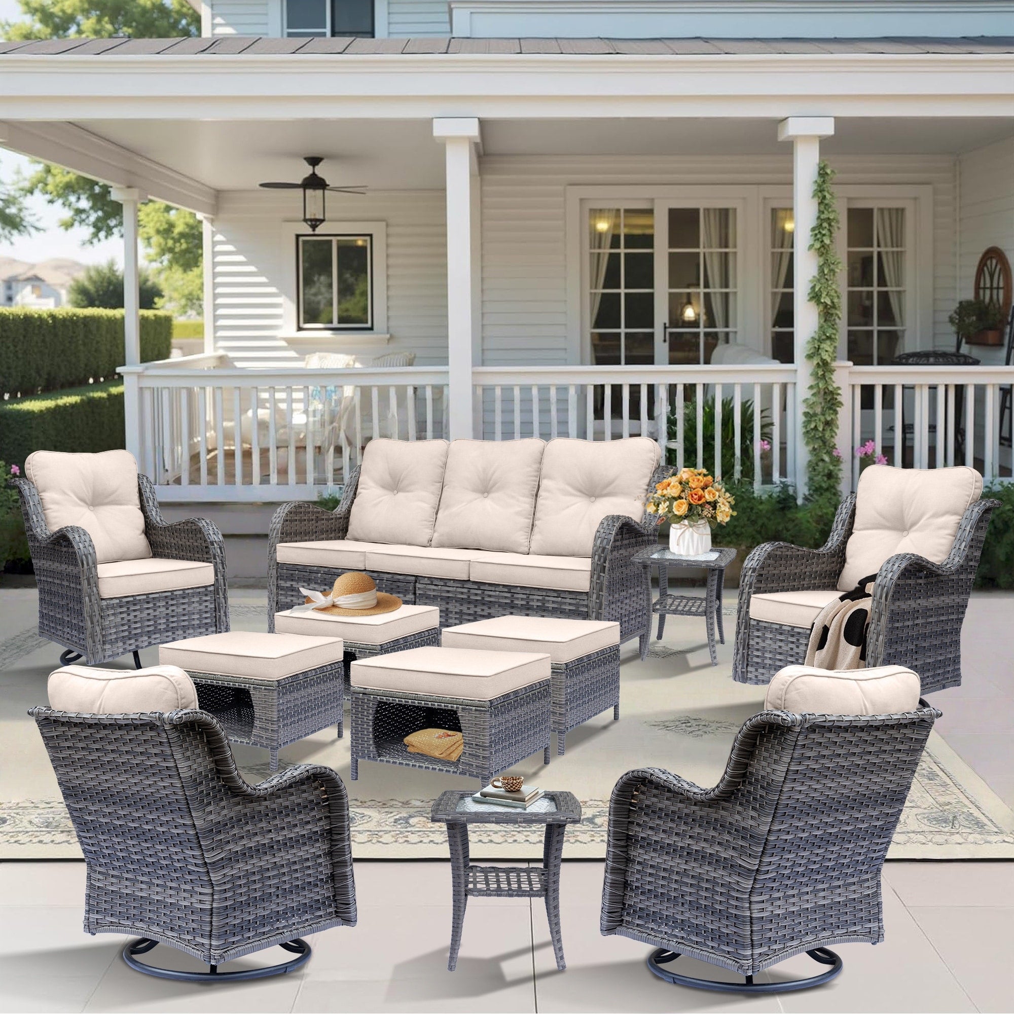 Outdoor Patio Furniture Set-Wicker Patio Conversation Swivel Chair Set