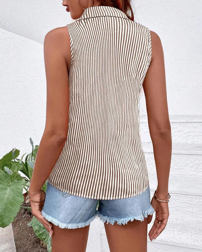 Sleeveless Lapel Striped Tank Top