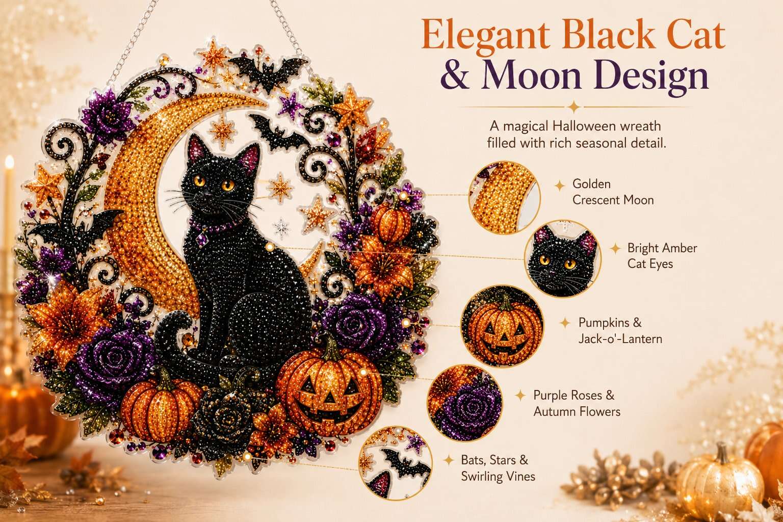 🎃Black Cat Moon Diamond Art Hanging Ornament Kit – Relaxing DIY Halloween Craft 🎃💎
