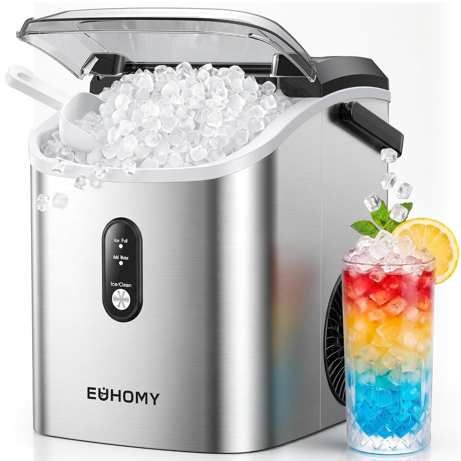 Nugget Ice Maker Countertop with Handle, Ready in 6 Mins, 34lbs Per Day, Removable Top Cover, Auto-Cleaning, Portable Sonic Ice Maker with Basket and Scoop, for Home/Party/RV/Camping (Black)