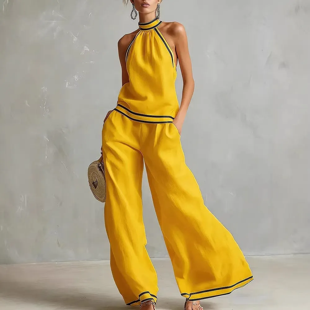 Halterneck Sleeveless Wide-Leg Pants Suit For Women