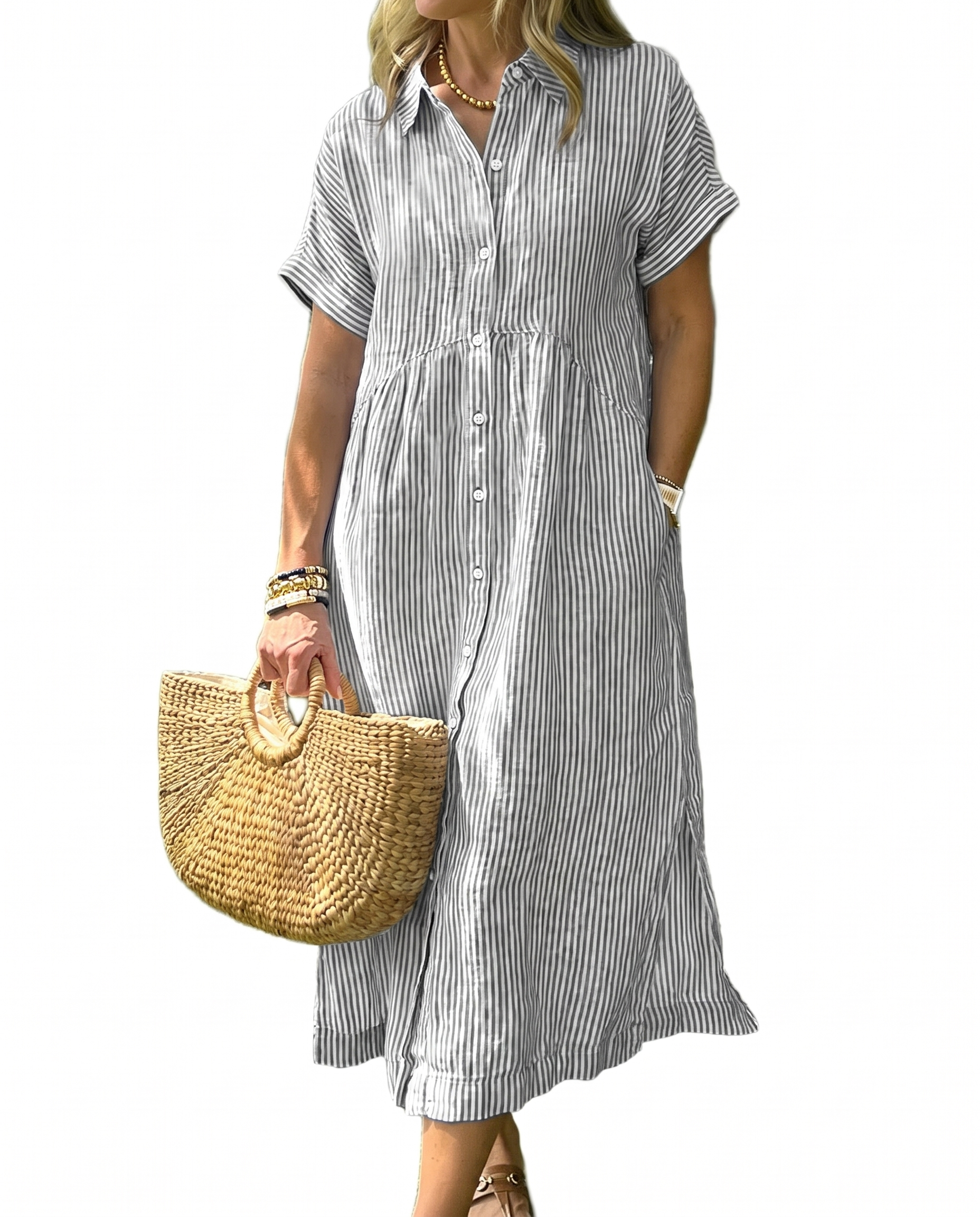 👗 Women's Summer Striped Midi Shirt Dress