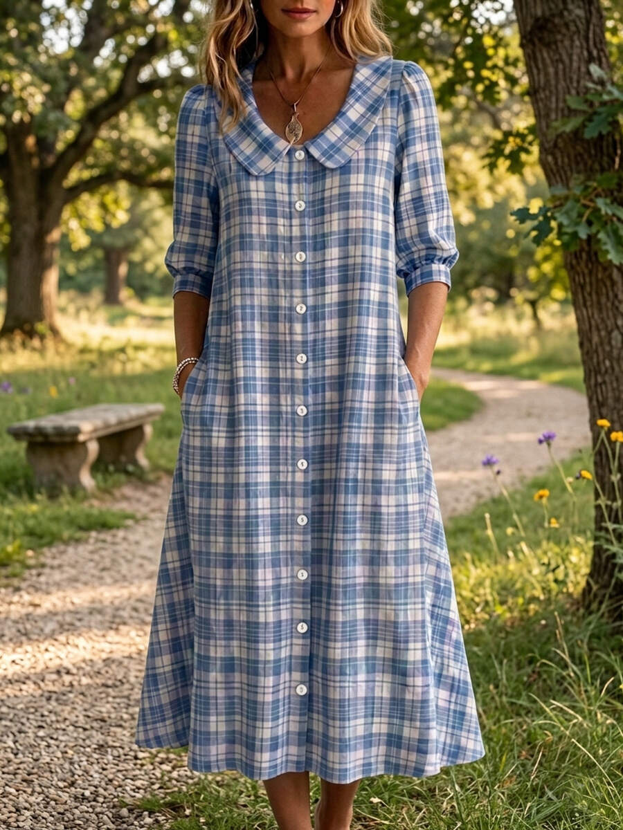 Clearance Sale🔥 Women's Retro Peter Pan Collar Stripe Print Cotton Linen Dress