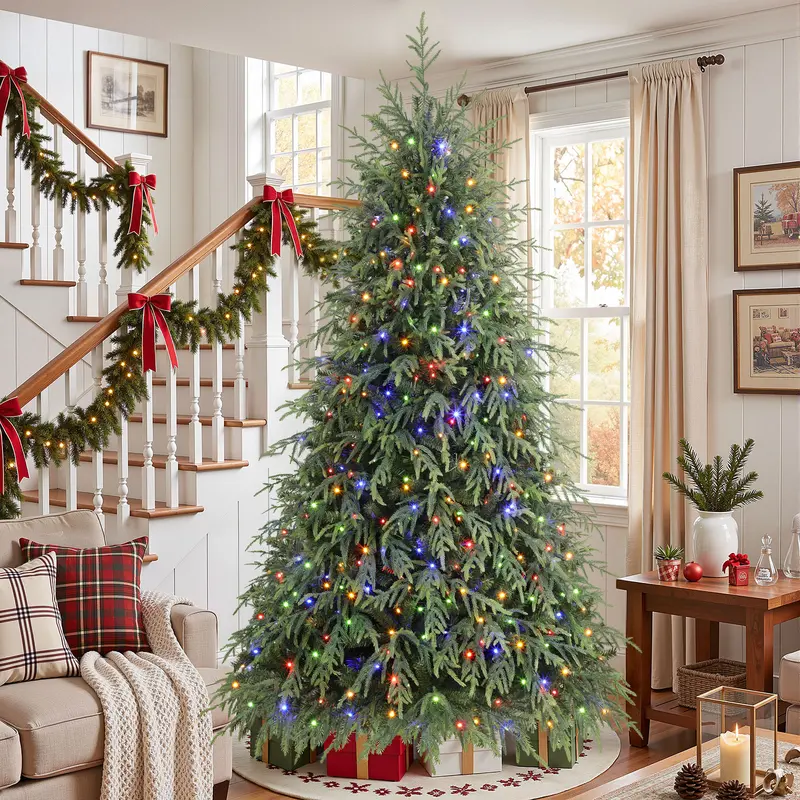 Pre-Lit Norfolk Pine Christmas Tree, 5/6/7.5/8FT Artificial Christmas Tree with Warm White & Multicolor LED Lights, Remote Control, Hinged PE & PVC Branches, Holiday Home Decor