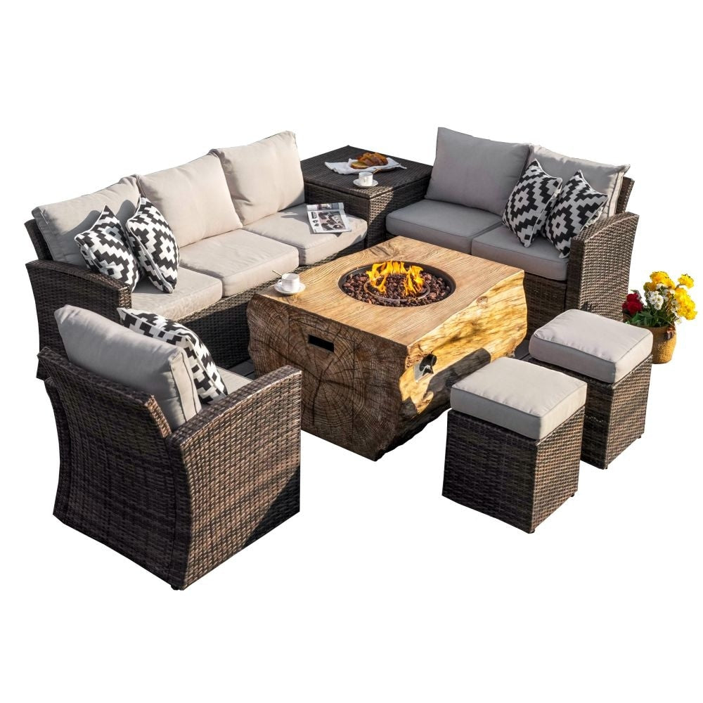 7-piece Patio Wicker Garden Chat Sofa Set with Fire Pit Table and Storage Box