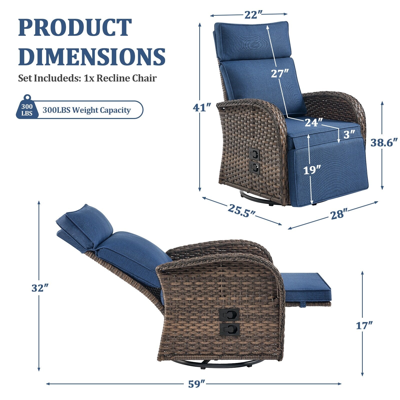 Pocassy Reclining Patio Chair with Adjustable Backrest