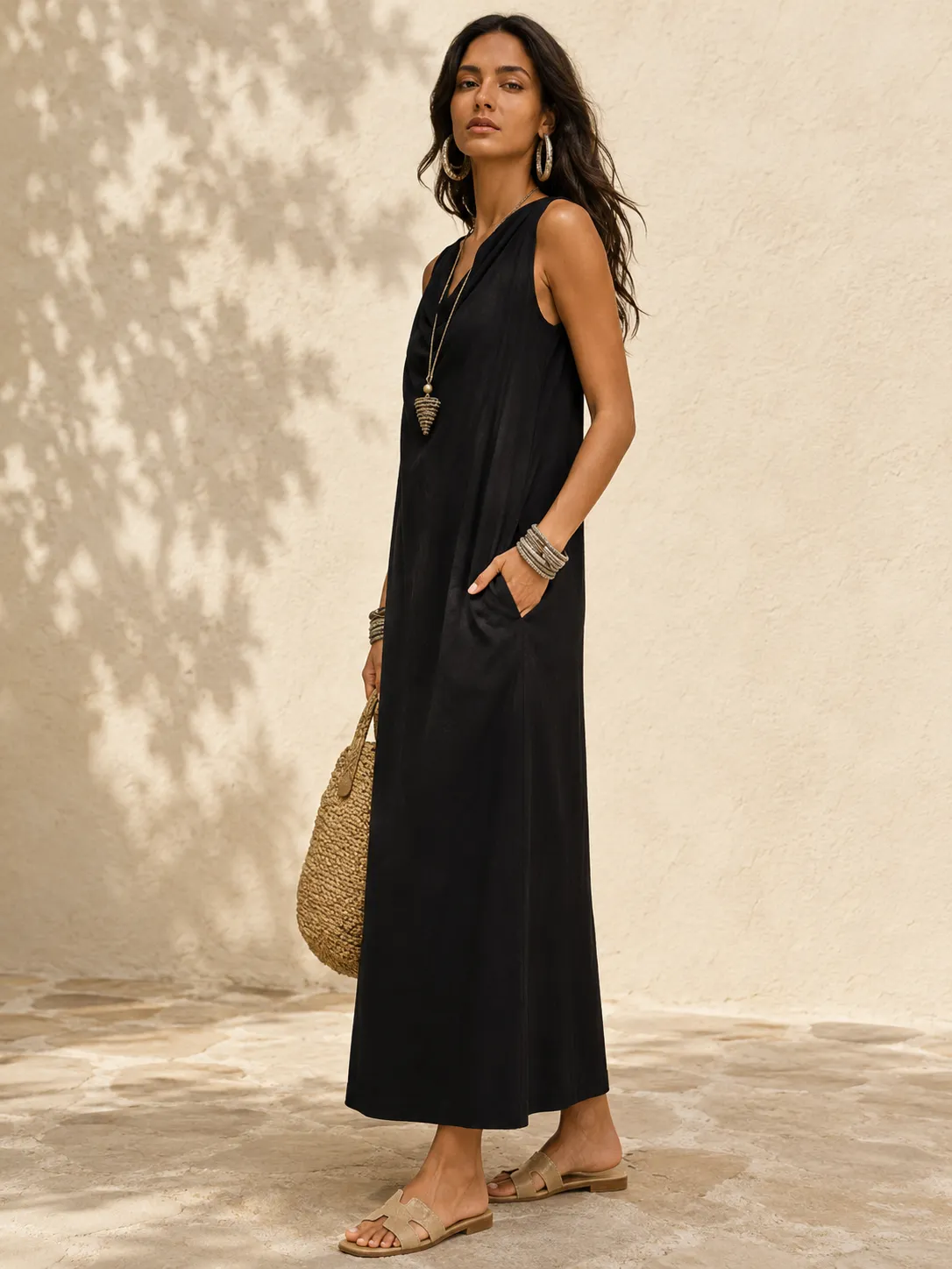 Sleeveless Draped Neck Maxi Dress