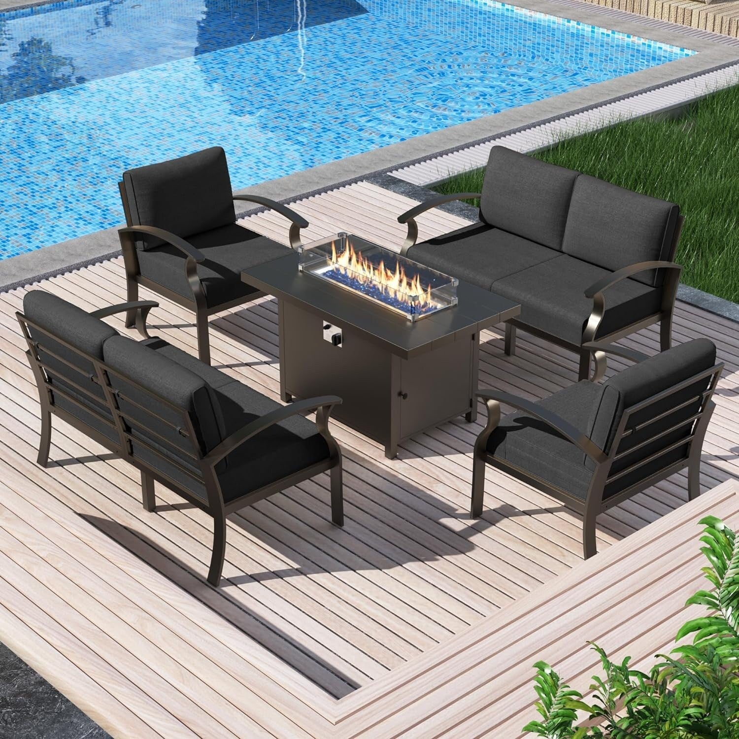 Kullavik Aluminum Outdoor Patio Furniture with Curved Armrests & Firepit Table