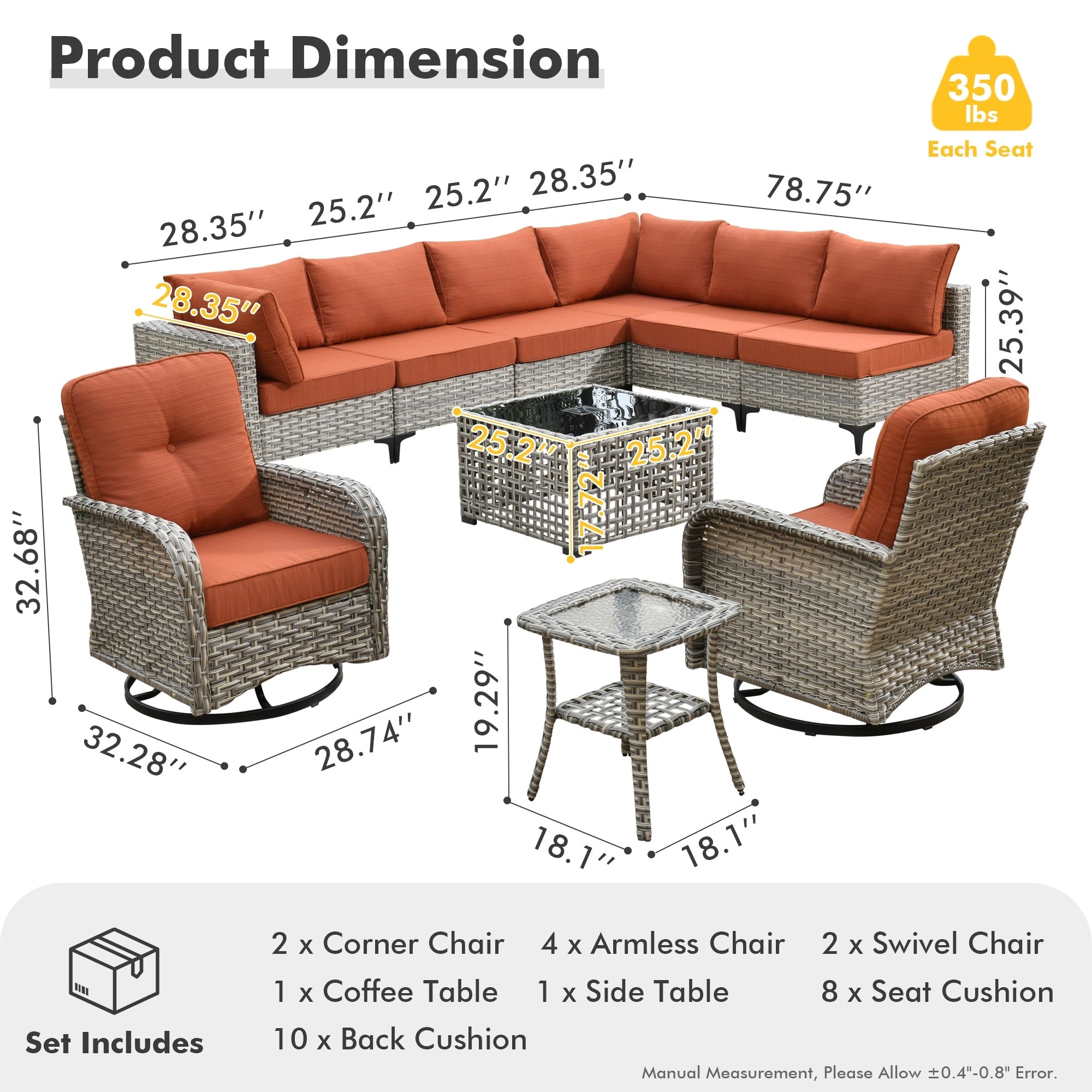 XIZZI 10-piece Patio Furniture Wicker Sectional Set with Swivel Chair