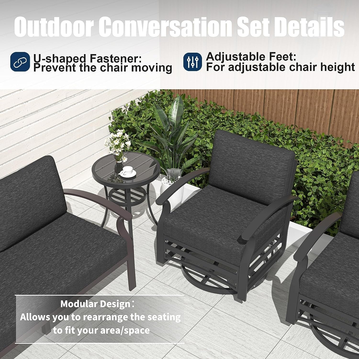 Kullavik Aluminum Outdoor Patio Furniture with Curved Armrests & Firepit Table