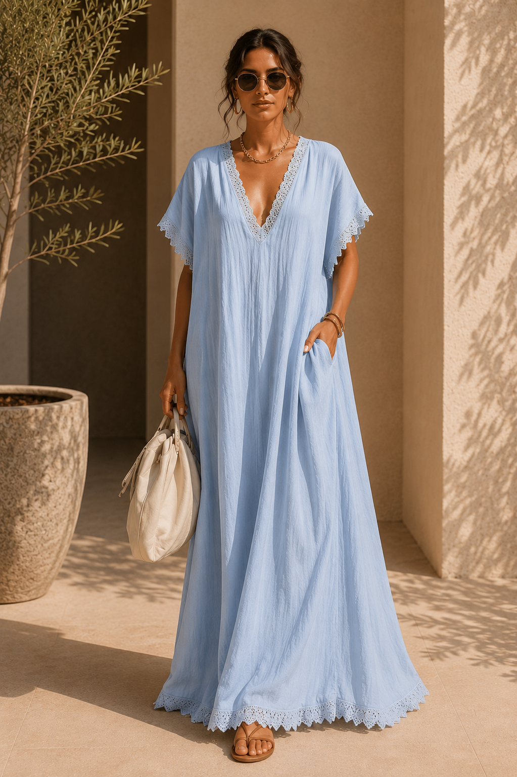 Casual Bohemian Urban V-neck Short-sleeved Lace Trim White Cotton Maxi Dress
