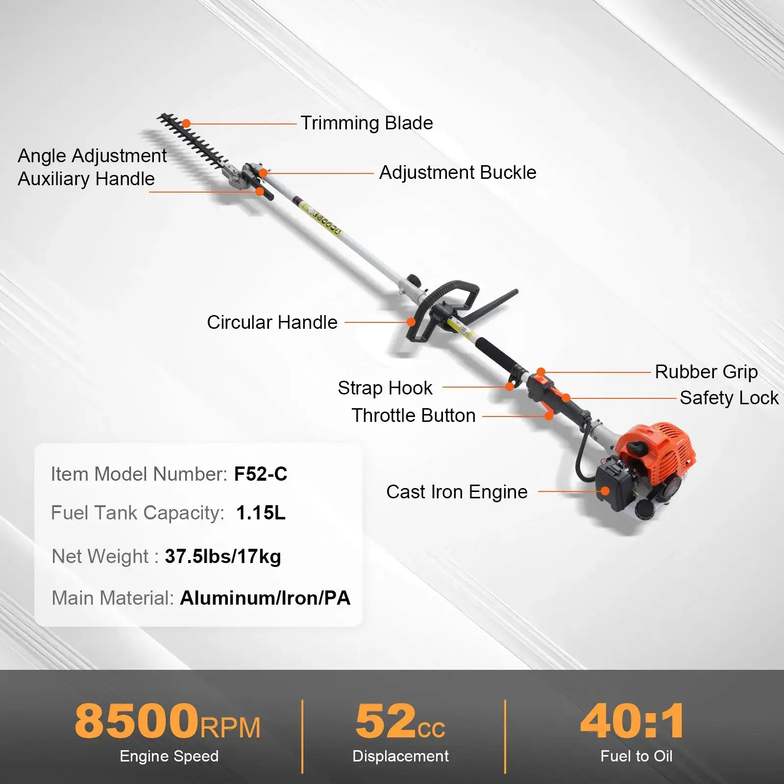 52CC 6-in-1 Multi-Functional Trimming Tools with Gas Hedge Trimmer,Weed Eater, String Trimmer, Brush Cutter, Edger & Pole Saw Chainsaw Pruner Whacker Shoulder Super Brand Day