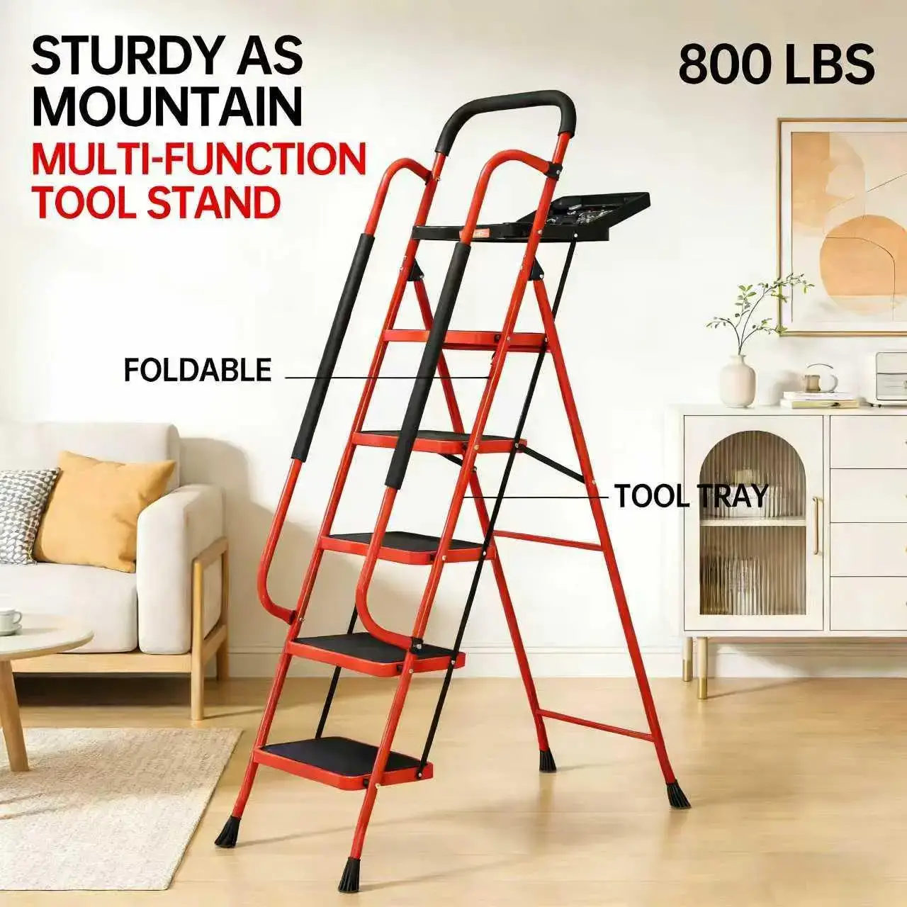 Sturdy Portable 5-Step Ladder, 800 LBS Capacity, Foldable with Handrail & Tool Tray, Ideal for Kitchen & DIY Projects, Sturdy Portable Ladder