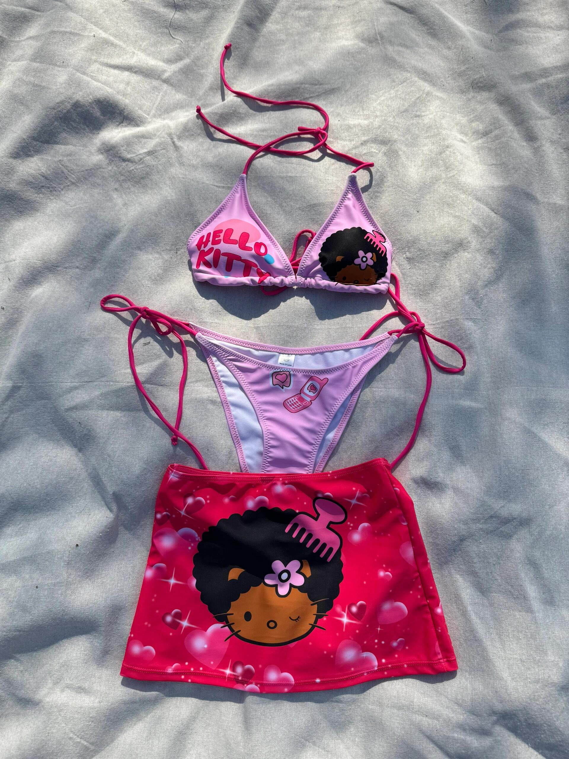 Hellokitty 3 Piece Bikini Sets - String Triangle Swimsuits with Cover Up Halter Sexy Bathing Suits