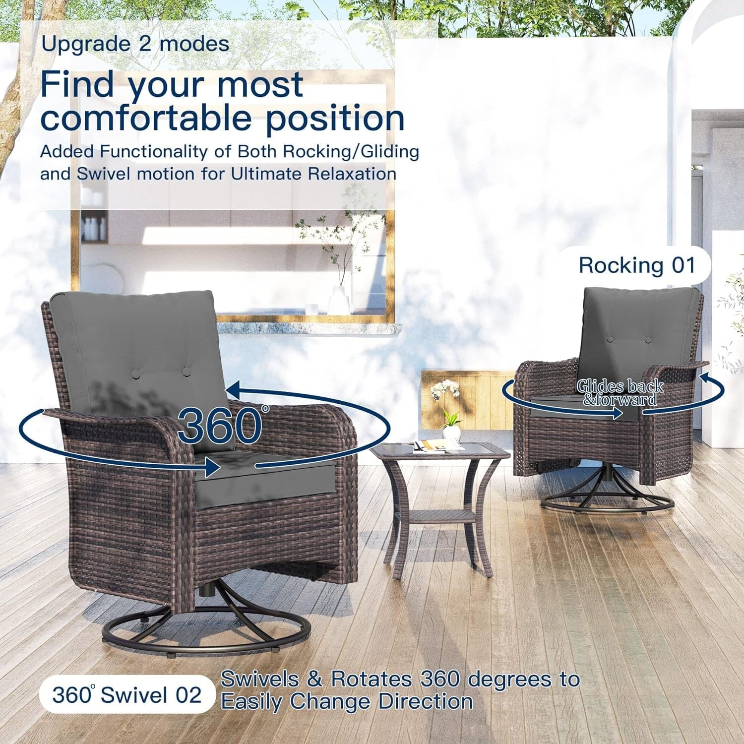 Patio Furniture Sectional Sofa Set, PE Rattan Swivel Rocking Chairs Patio Conversation Set