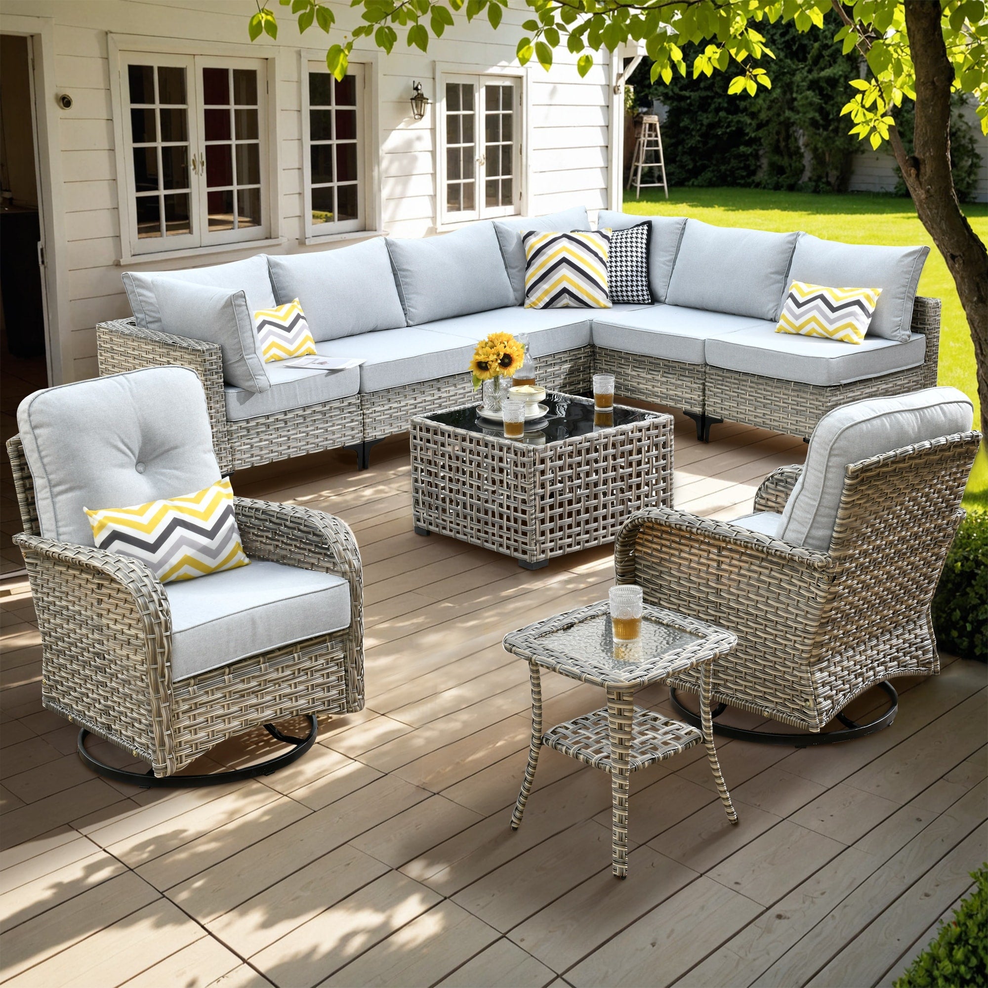 XIZZI 10-piece Patio Furniture Wicker Sectional Set with Swivel Chair