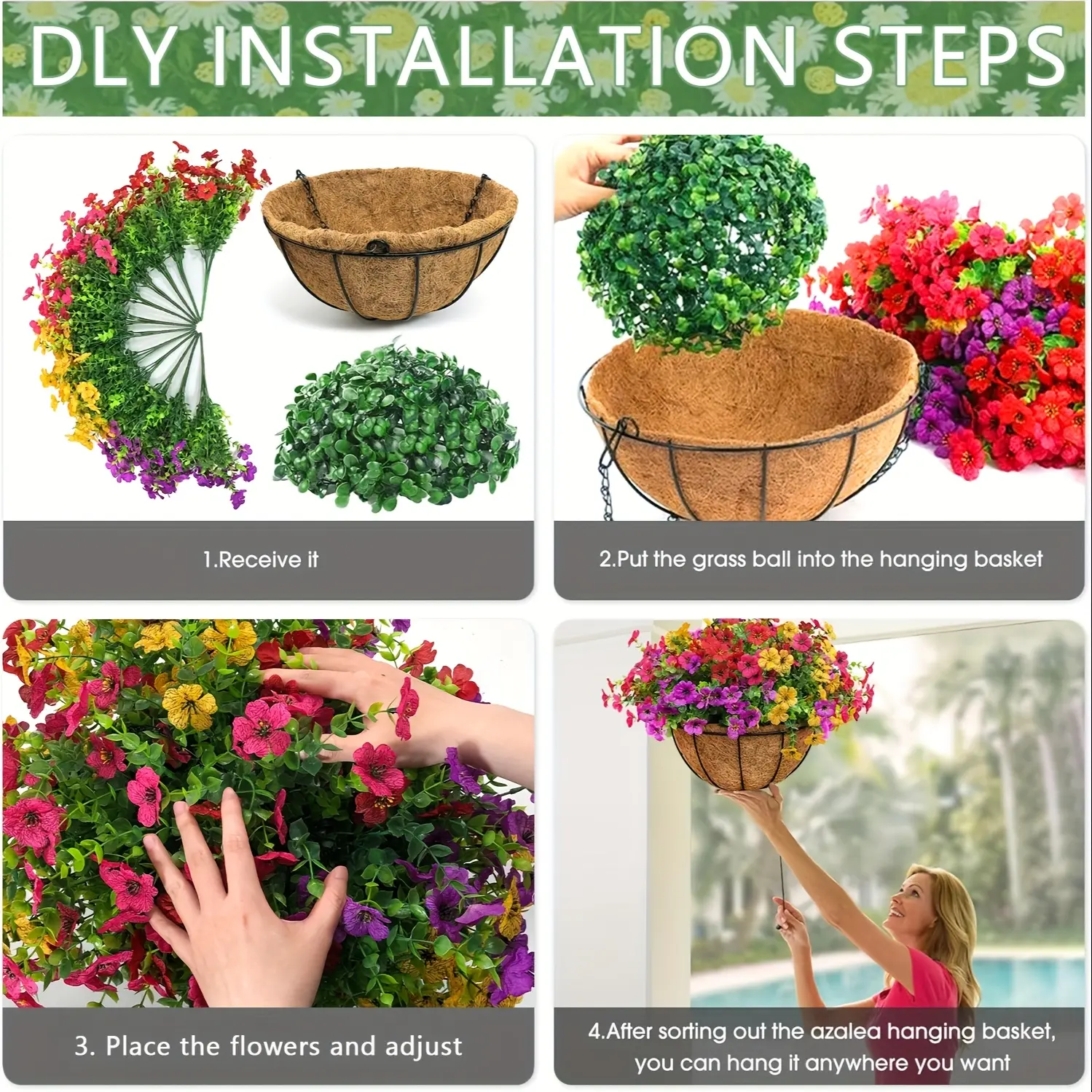 2 Pcs Set UV-Safe Outdoor Decorative Hanging Flower Baskets, 24 Daisies + Eucalyptus Realistic Flowers for House Decor, Balcony Garden Use