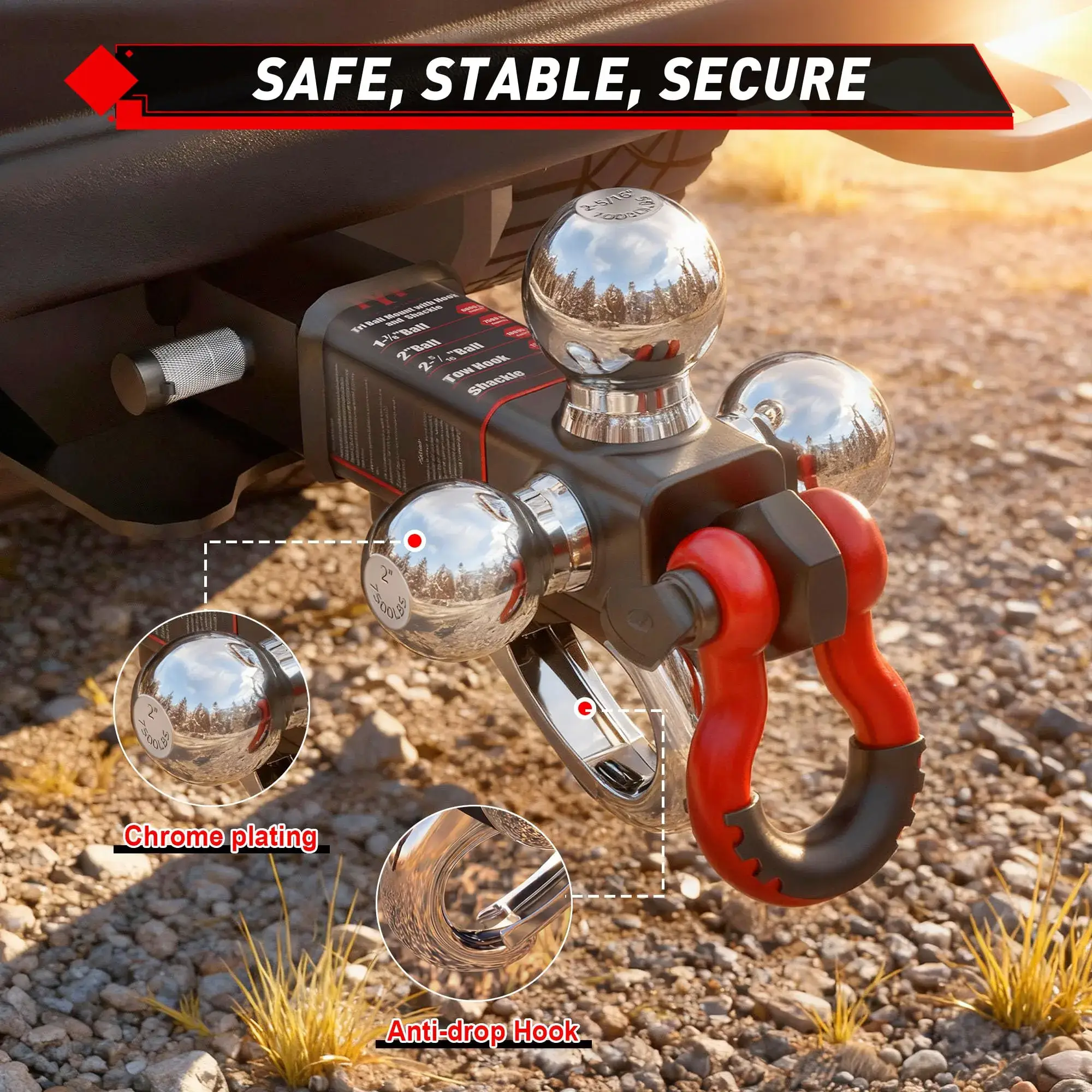 Tri Ball Mount Trailer Hitch ，Fits 2 inch Receiver, Triple Balls (1-7/8