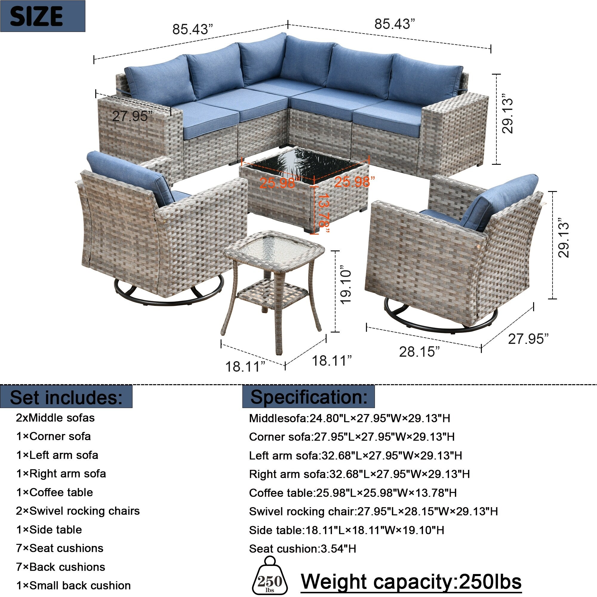 OVIOS 9-piece Patio Wicker Swivel Rocking Chair Set with Glass-Top Tables