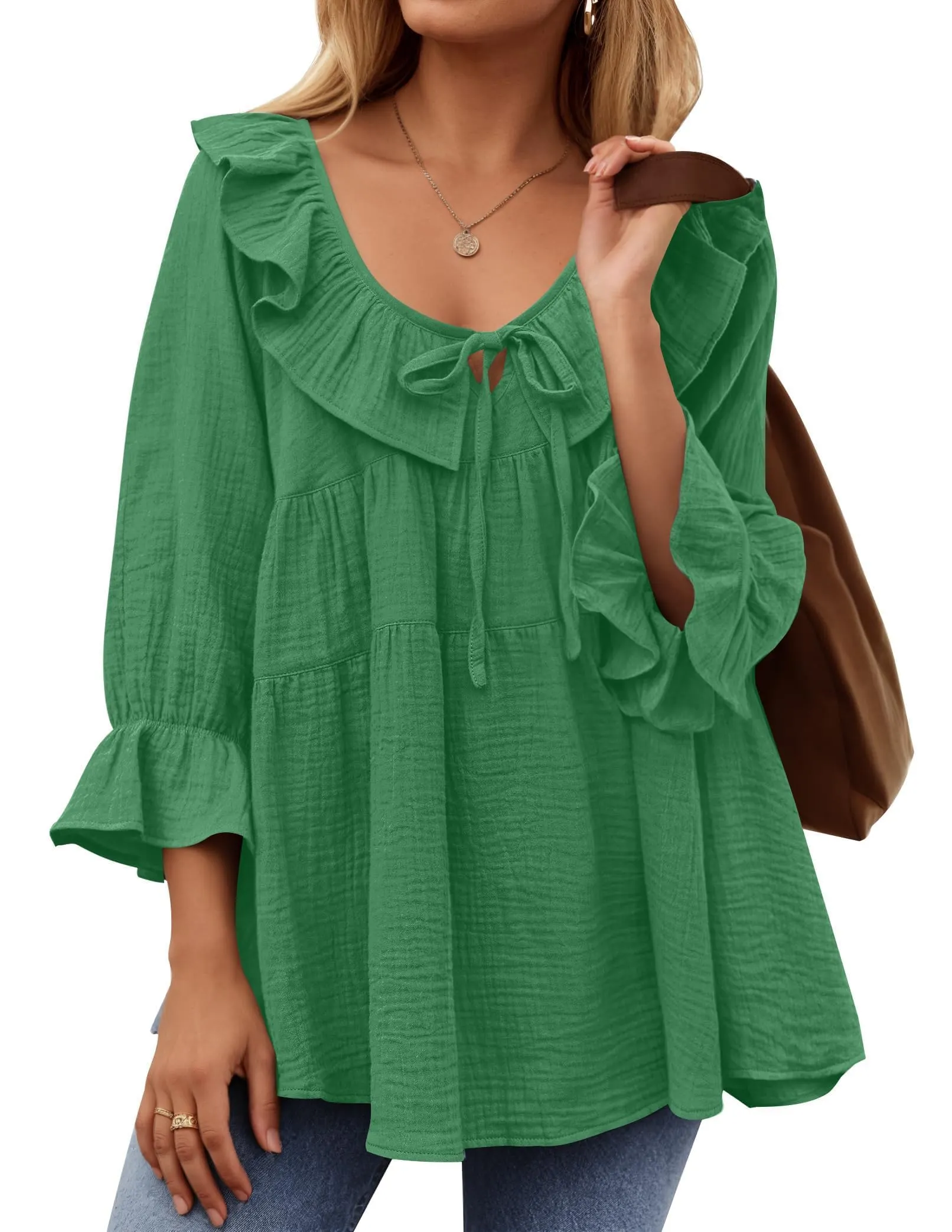 Women’s Scoop Neck 3/4 Length Sleeve Tie Front Ruffle Tiered Tunic Shirts