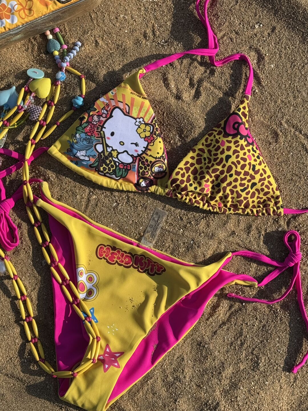 Hellokitty Yellow Leopard Print Halter Tie Side Triangle Bikini Set