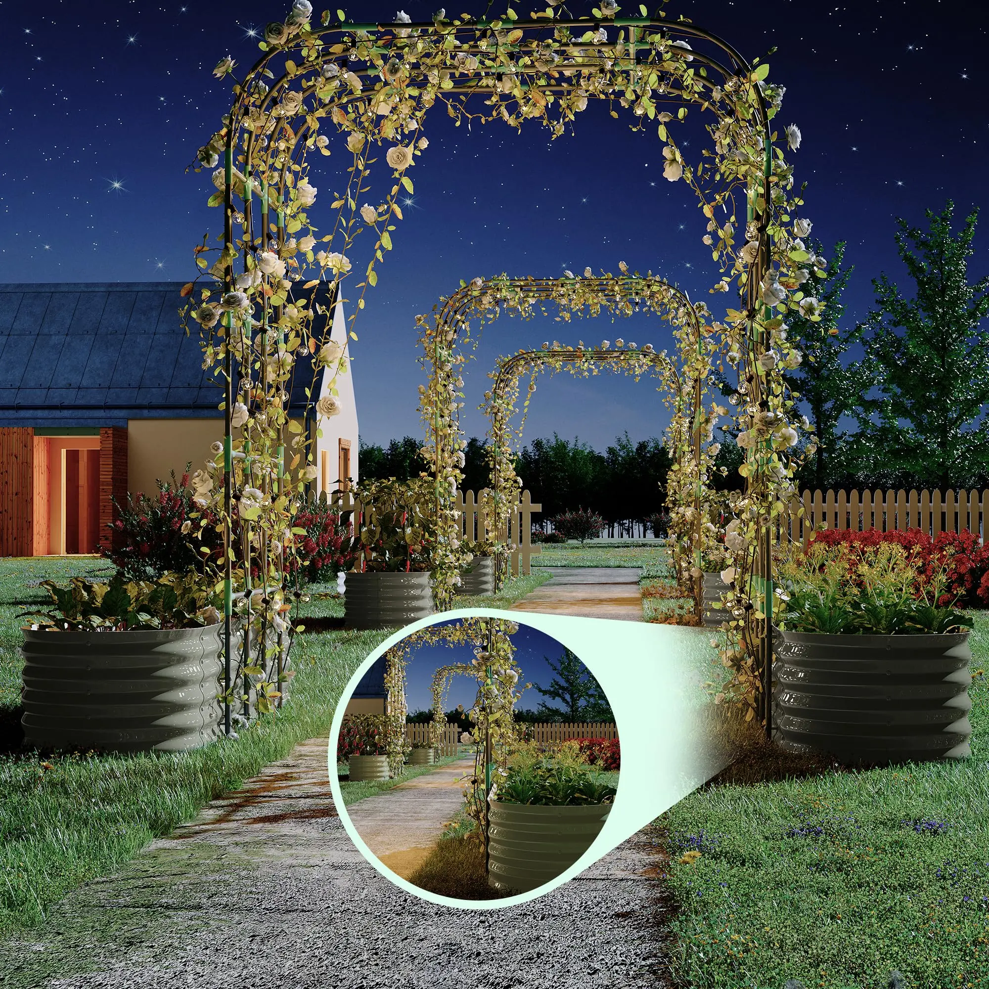 2Pcs Raised Garden Bed Set with Arch Trellis, 200x60x45cm Green Steel