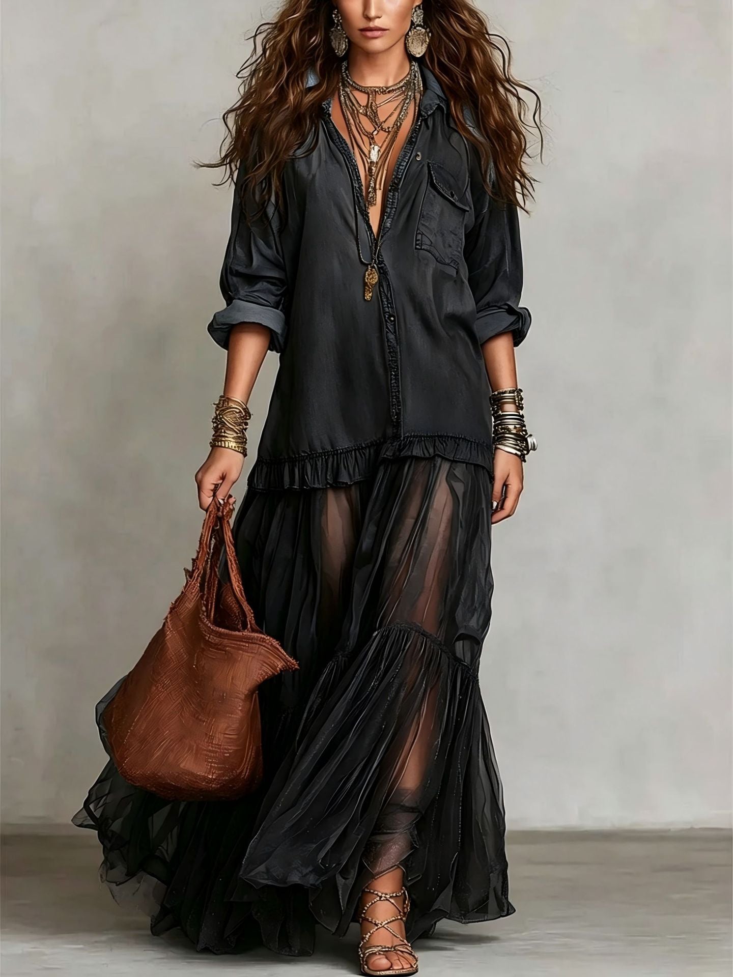 Women's Retro Lapel Denim Organza Patchwork Art Casual Maxi Dress