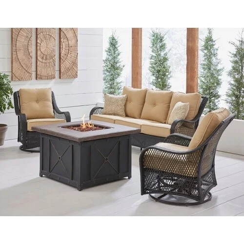 Orleans 4-Piece Woven Fire Pit Lounge Set in Avocado Green with Sofa, 2 Swivel Gliders and Durastone Fire Pit, Autumn Berry