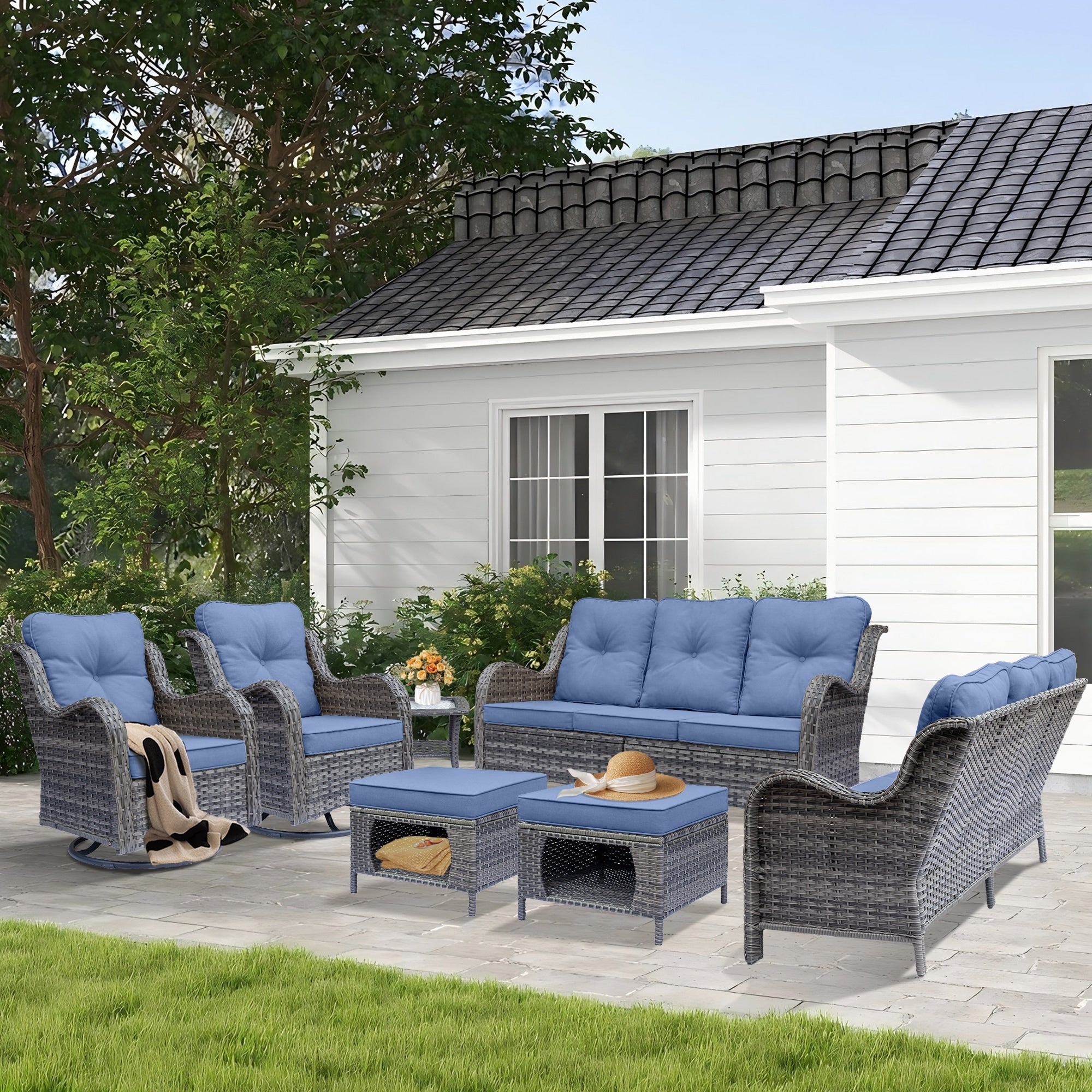 Outdoor Patio Furniture Set-Wicker Patio Conversation Swivel Chair Set