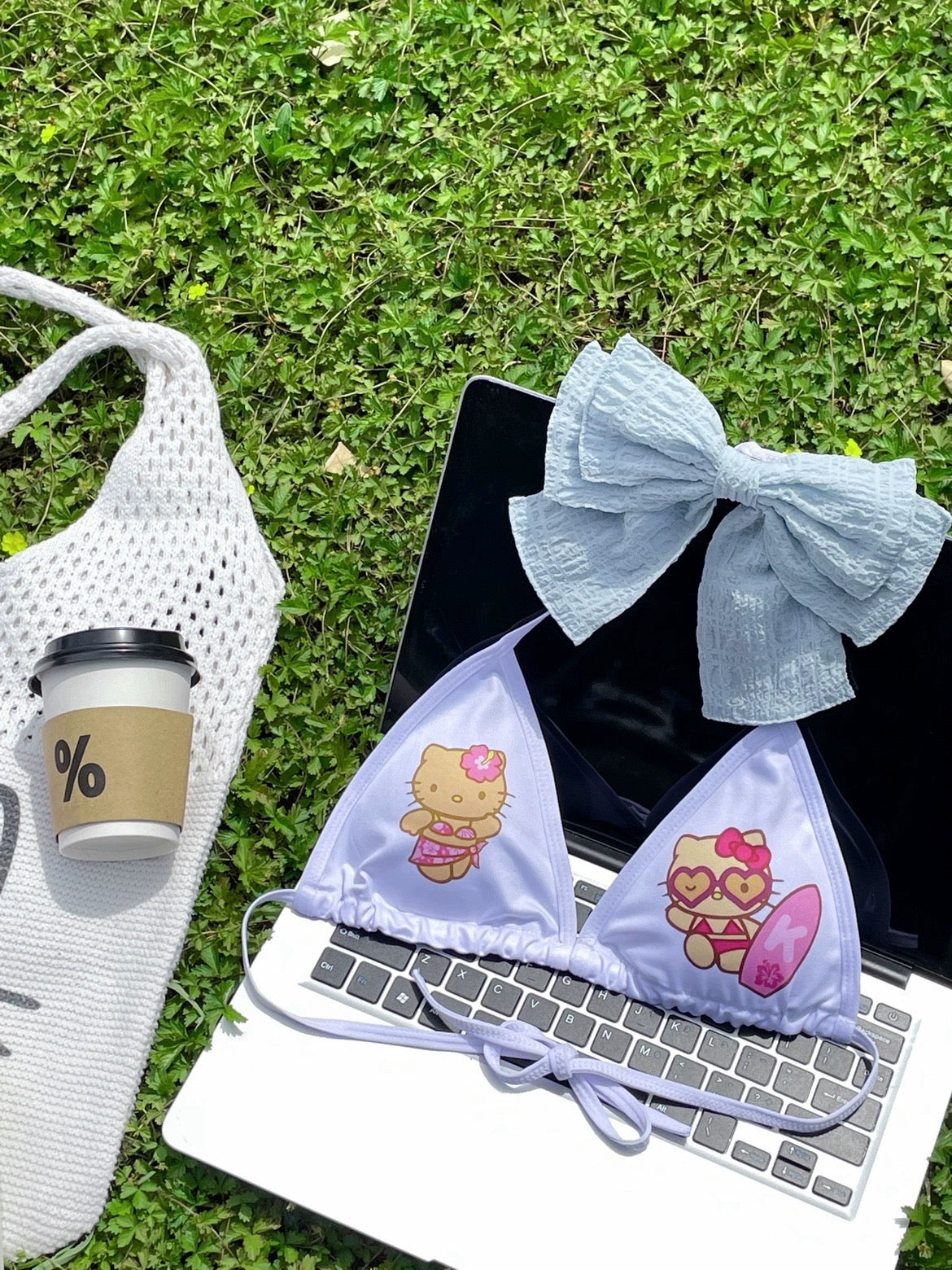Hellokitty Halter Tie Side Triangle Bikini Set