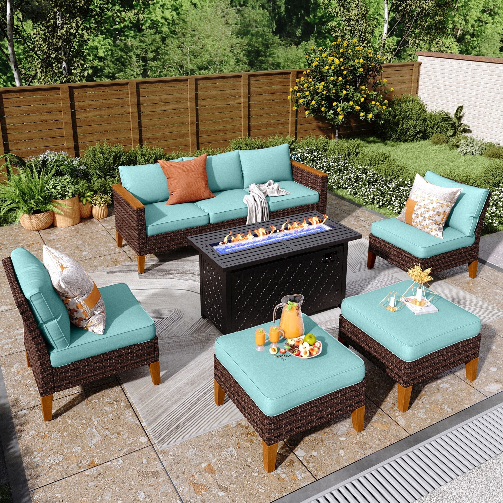 8-Piece Patio Outdoor Wicker Sectional Sofa Set, Large Seating Furniture Conversation Sets with Fire Pit Table