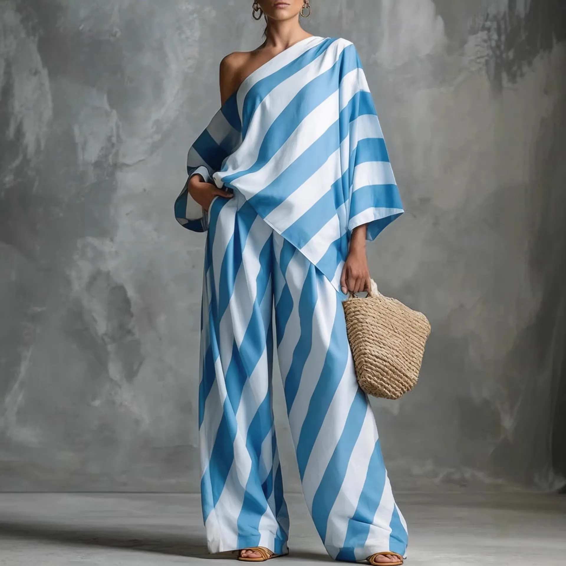 Striped Asymmetric Top & Wide-Leg Pants Set