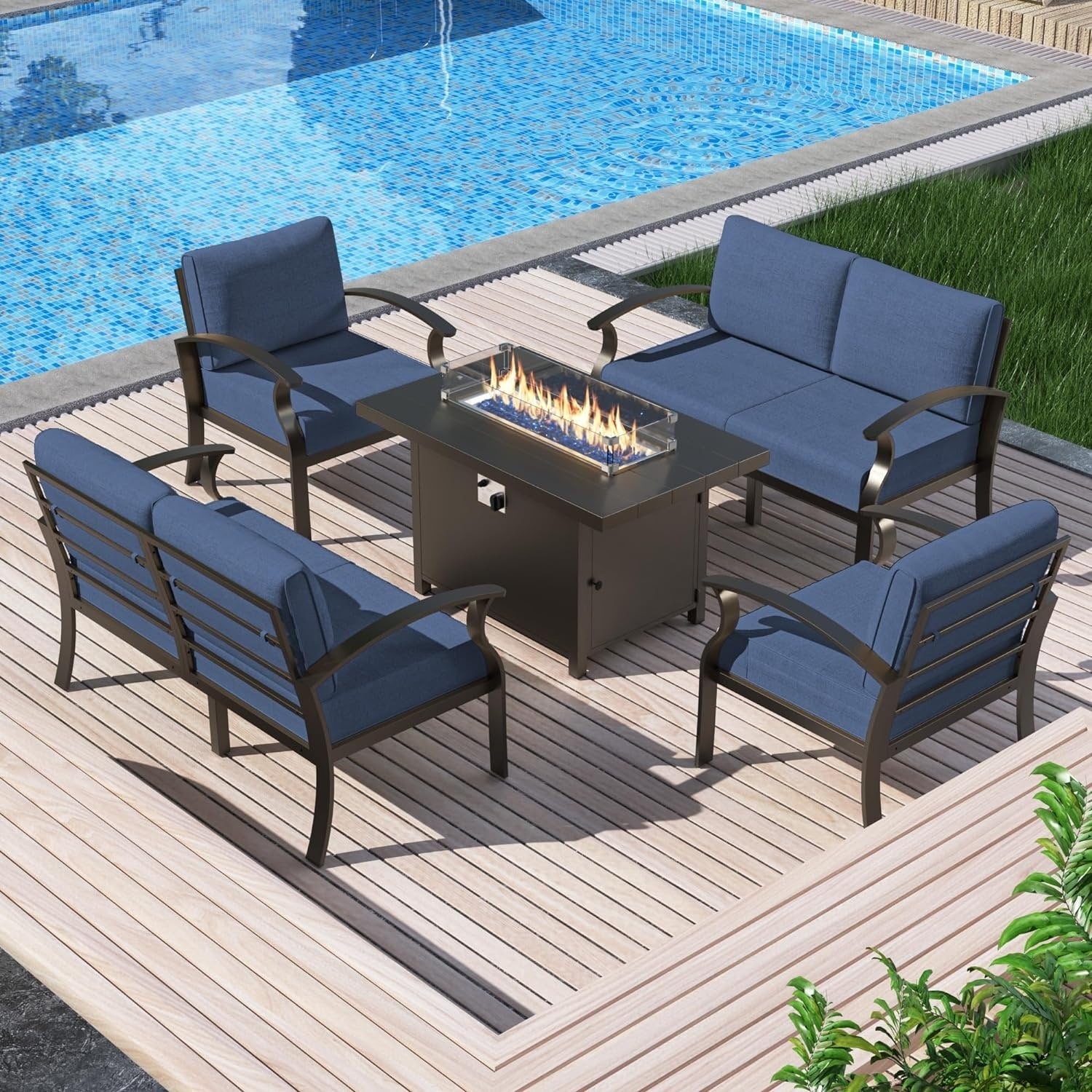 Kullavik Aluminum Outdoor Patio Furniture with Curved Armrests & Firepit Table