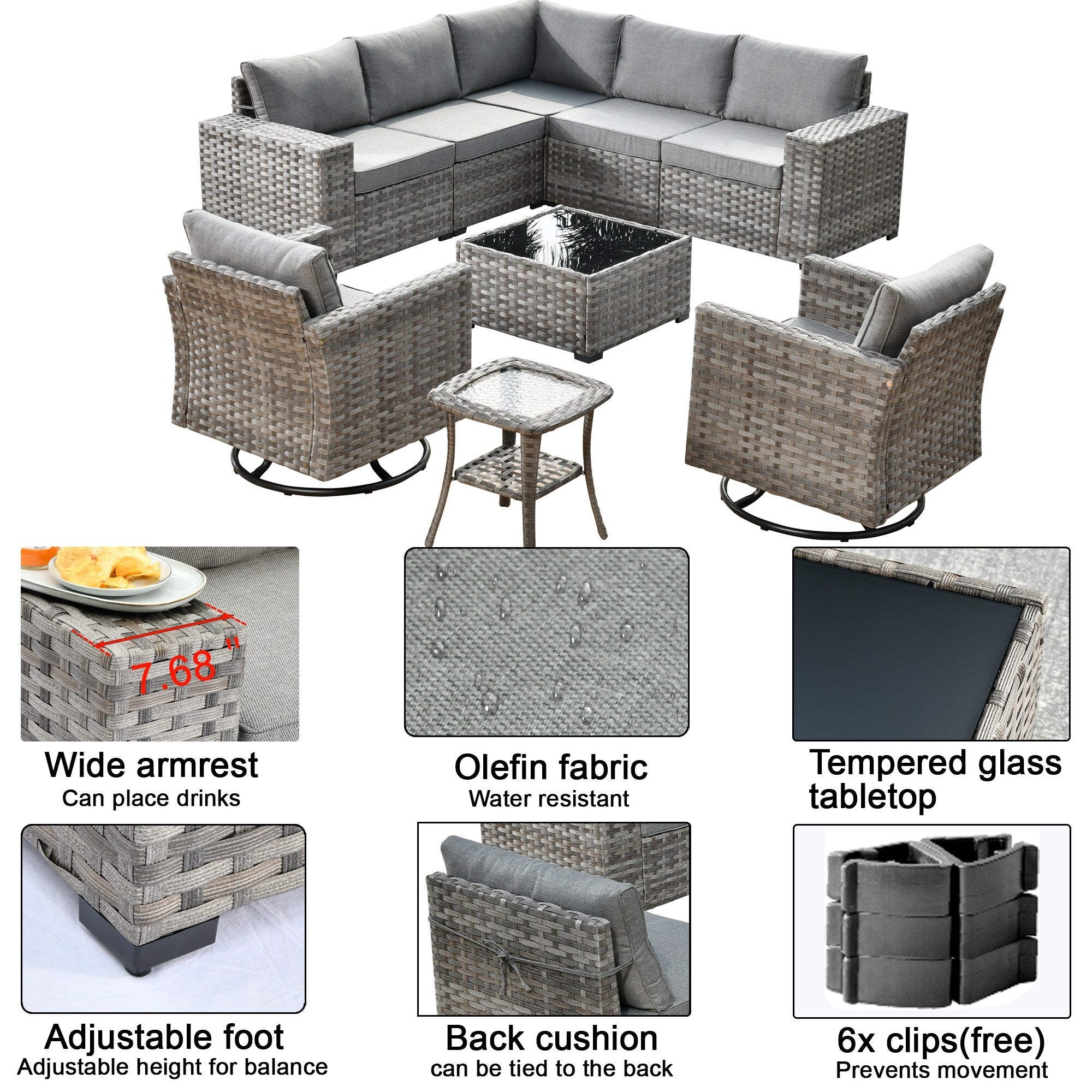 OVIOS 9-piece Patio Wicker Swivel Rocking Chair Set with Glass-Top Tables
