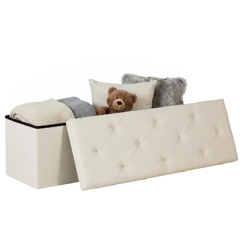 Folding Storage Ottoman Bench Modern Linen Fabric Padded Seat Large Toy Box End of Bed Entryway Comfortable Durable Multifunctional Seater
