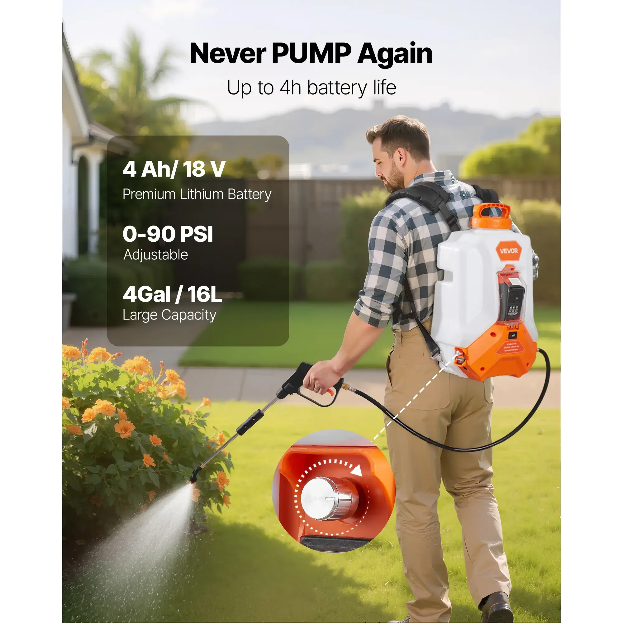 Battery Powered Backpack Sprayer,  4 Gallons Electric Backpack Sprayer, 2 Wands & 8 Nozzles, Adjustable 0-90 PSI, 4H Runtime, Portable Yard Garden Lawn Sprayers for Weeding Spraying Cleaning