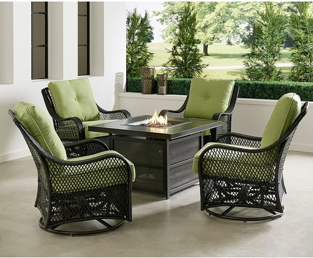 Orleans 5-Piece Steel Patio Fire Pit Conversation Set with Navy Blue Cushions, Swivel Gliders and Square Fire Pit Table